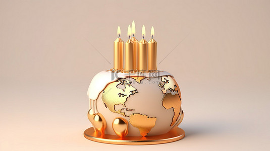 白色背景上带有蜡烛月桂花环和金色色调的分层卡通蛋糕的 3D 渲染