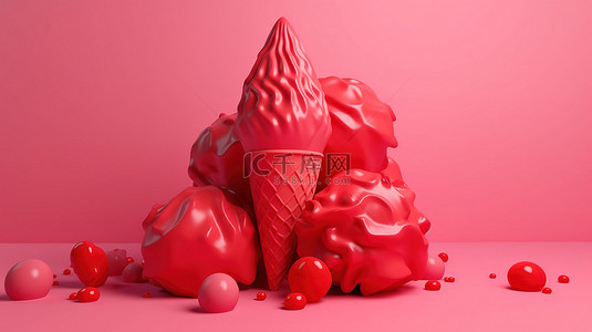 粉红色背景点缀甜美的红色冰淇淋的 3d 渲染