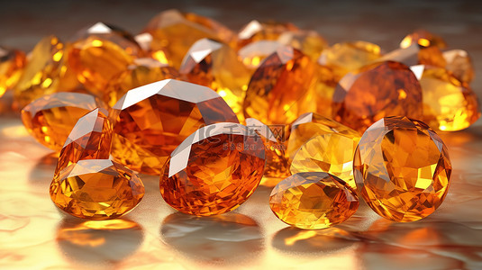 黄水晶色调和各种形状的宝石的 3D 渲染