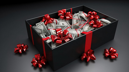 红色蝴蝶结装饰的开放式礼品盒，带有美元硬币的 3d 渲染
