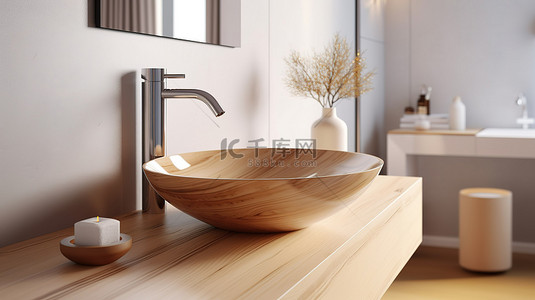 浴室中容器水槽的特写，配有木质台面 3D 渲染模型空间