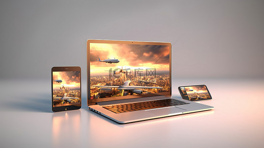 3D 笔记本电脑手机和平板电脑在空中翱翔的高级旅游网站设计