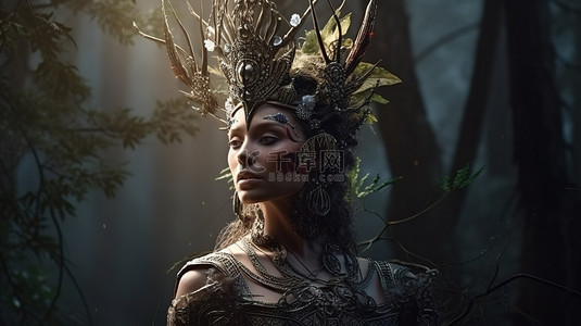 拿着花的女人背景图片_幻想森林女王 3D 渲染的肖像站立高