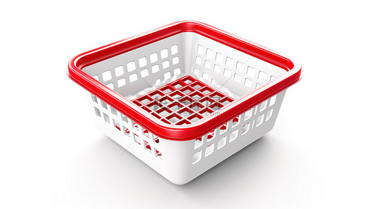 孤立的白色背景 3D 渲染方形按钮图标和超市的红色购物篮