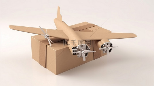 飞机空中背景图片_空中交付理念 3D 渲染纸板包装，带有喷气发动机和白色背景的飞机机翼