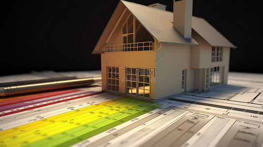节能住宅蓝图平面图上的 3D 渲染图，包括能效等级表