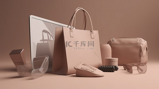 计算机桌面界面展示了电子商务网站上带有购物袋的 3D 渲染在线购物