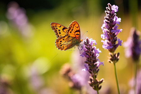 一只棕色的蝴蝶坐在薰衣草花上