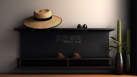 现代禅宗客厅中时尚的黑帽装饰壁柜以 3D 渲染