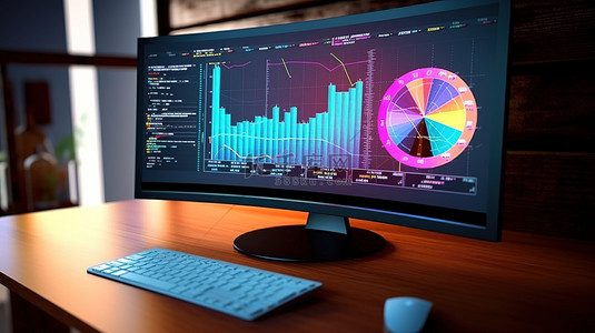 计算机屏幕上带有图形和图表的商业财务数据的 3D 插图