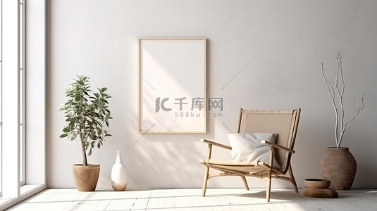 简约的生活现代室内装饰与空墙海报框架木椅和斯堪的纳维亚风格的 3D 渲染
