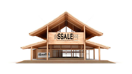 平面设计店背景图片_白色孤立背景下商业销售木制建筑的 3D 插图渲染