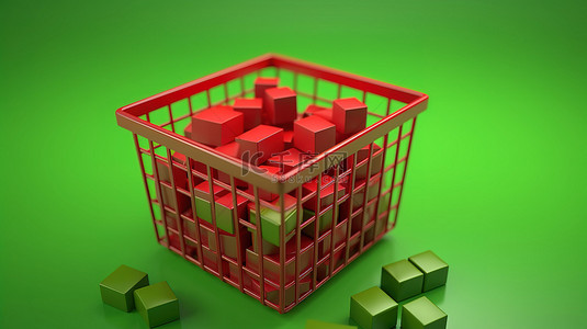 绿色背景上装满红色百分比立方体的购物篮的 3D 渲染