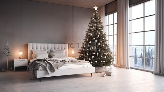 白色的圣诞树背景图片_节日卧室配有令人惊叹的圣诞树 3D 室内设计渲染