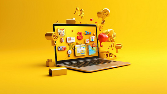 充满活力的黄色背景上笔记本电脑和社交媒体图标的时尚 3D 渲染