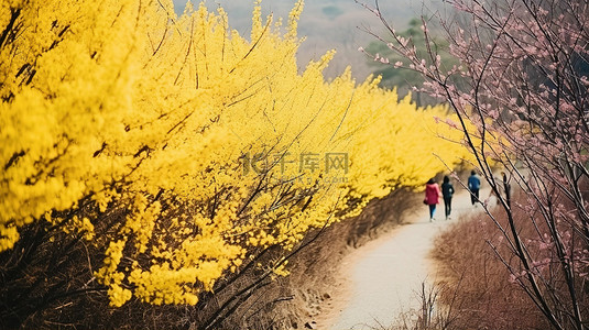 泉水背景图片_人们沿着韩国泉水黄色花朵旁的小路行走