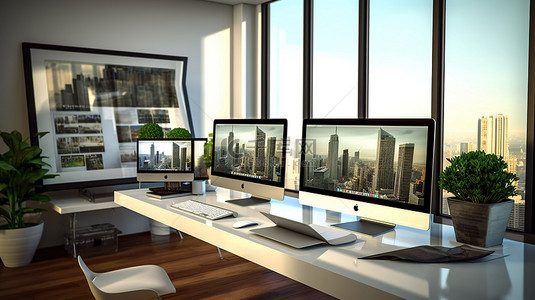 使用响应设备在家庭办公室设置上查看网站构建器的 3D 渲染