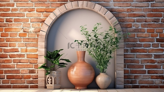 砖墙上装饰着花瓶的优雅壁龛，带来 3D 视觉享受