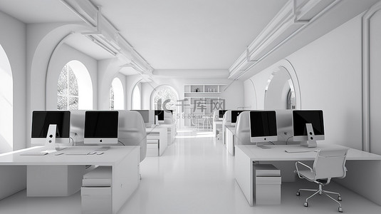 现代白色工作空间，配有令人惊叹的 3D 可视化高科技设备