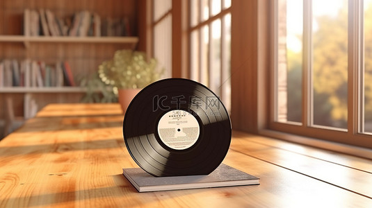 空纸套中的老式乙烯基唱片，带有开放区域，用于木材表面 3D 渲染的定制设计