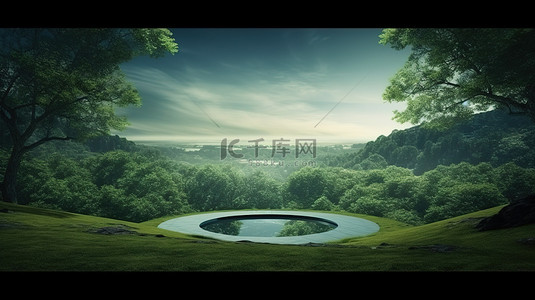 绿地中心背景图片_抽象风景背景与圆形中心 3d 渲染