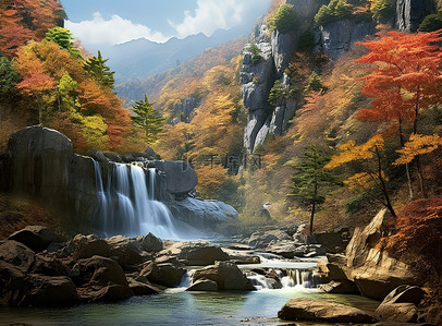 山里宝藏图背景图片_秋天山里的瀑布