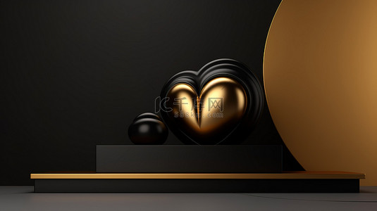 金色的心背景图片_豪华的背景展示了 3D 渲染产品场景，时尚的讲台上有一颗黑色和金色的心