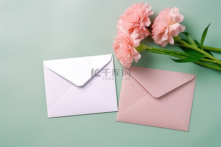 母亲节红色康乃馨背景图片_粉红色表面上的两个信封和小粉红色康乃馨
