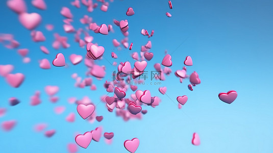 粉红色的心从宁静的蓝色背景中翱翔的 3D 渲染