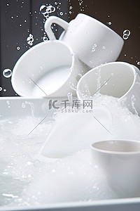 浴缸里的白色碗和杯子