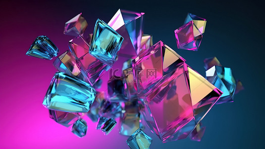 粉色网络背景图片_在蓝色抽象空间中飞行的几何物体的 3D 渲染，带有黑色粉色玻璃和绿色色调