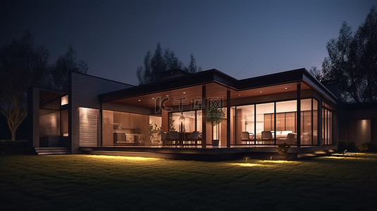 以郁郁葱葱的草坪和光滑的混凝土地板为特色的豪华现代住宅的夜间 3D 图像