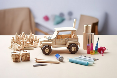 木制的刷子背景图片_桌面模型中的木制建筑玩具和工艺品