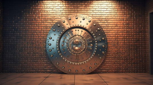 带金属银行金库门的砖墙的 3D 渲染