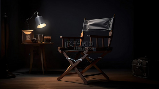 黑暗房间 3D 渲染中照明导演工具椅拍板和扩音器