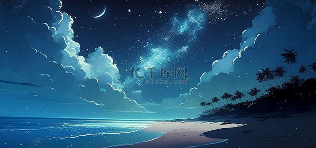 海鸟与鱼背景图片_夜空大海插画