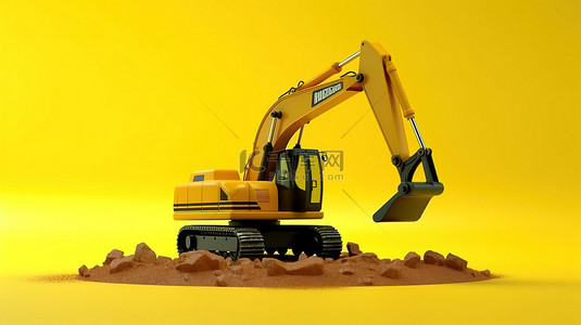黄色背景上孤立挖掘机的 3d 插图