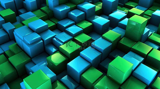 一组彩色蓝色和绿色块的抽象 3D 渲染