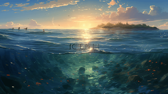 蓝色海洋插画背景图片_漂亮的蓝色海洋海水波浪背景