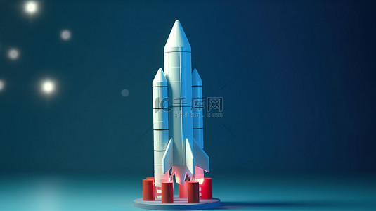 蓝色背景商业投资图表中发射的白色火箭的 3D 渲染