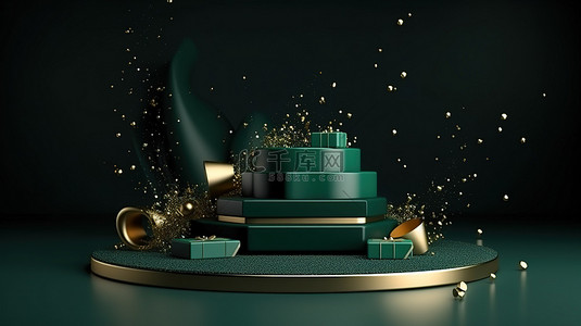 暗紫金背景图片_豪华金线深绿色 3D 产品展示，讲台上配有周年纪念产品和庆祝五彩纸屑