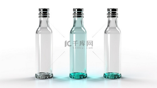 优雅的白色背景 3D 渲染玻璃矿泉水瓶，为您的设计提供充足的空间
