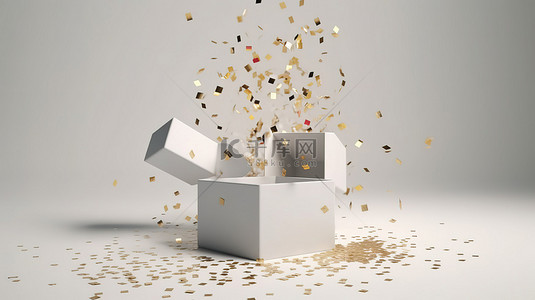 代金券模板背景图片_空礼品盒的创意 3D 渲染，带有彩色纸屑和可定制代金券的空间