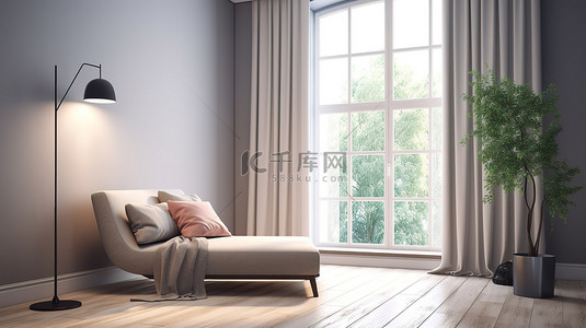 带单人沙发和大窗户的客厅的简约 3D 渲染