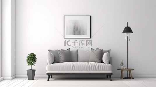 白色照片框背景图片_现代白色客厅配有沙发床时尚的灯和带框的照片 3d 渲染