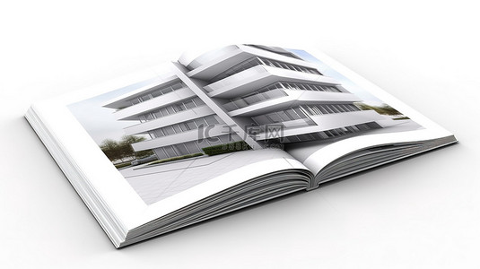 在干净的白色背景上对小册子进行高架 3D 渲染