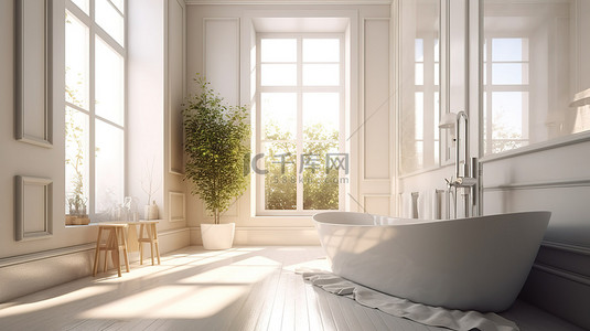 明亮的浴室绿洲 3d 渲染与阳光和白色浴缸