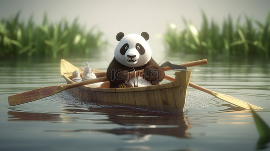 奶奶划船背景图片_搞笑 3D 熊猫划船