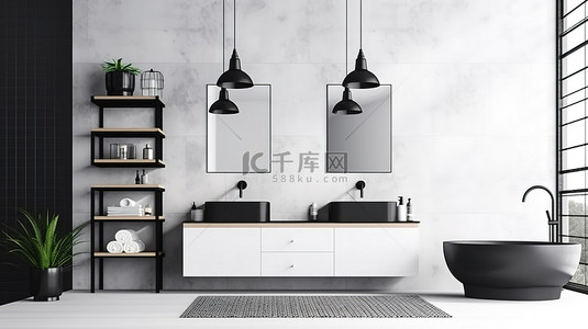 鼓舞背景图片_鼓舞人心的浴室家具设计白色悬挂式家具，带有 3D 渲染的醒目的黑色装饰