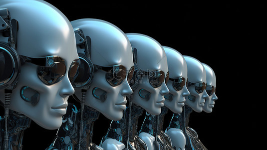 一排美女背景图片_3D 渲染中一排戴着护目镜的女性机器人